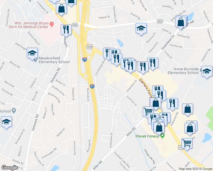 map of restaurants, bars, coffee shops, grocery stores, and more near 250 East Exchange Boulevard in Columbia