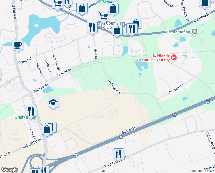 map of restaurants, bars, coffee shops, grocery stores, and more near 366 Railroad Avenue in Lexington