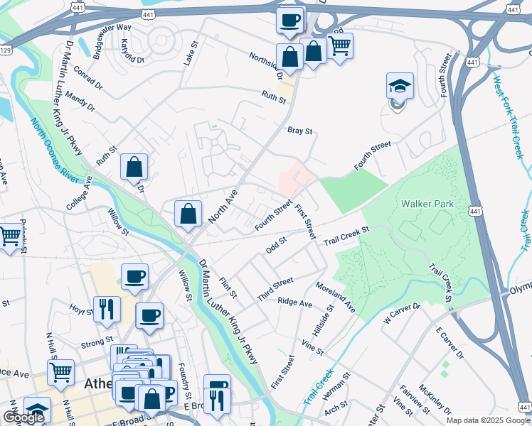 map of restaurants, bars, coffee shops, grocery stores, and more near 380 Fourth Street in Athens