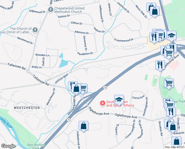map of restaurants, bars, coffee shops, grocery stores, and more near 109 Elder Road in Athens