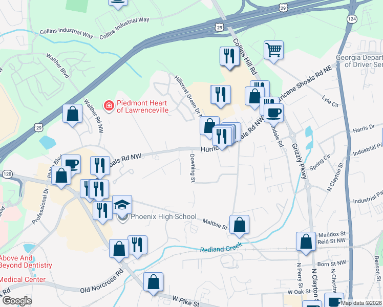map of restaurants, bars, coffee shops, grocery stores, and more near 551 Downing Street in Lawrenceville