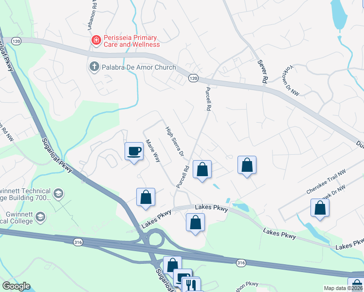 map of restaurants, bars, coffee shops, grocery stores, and more near 1407 High Sierra Drive in Lawrenceville