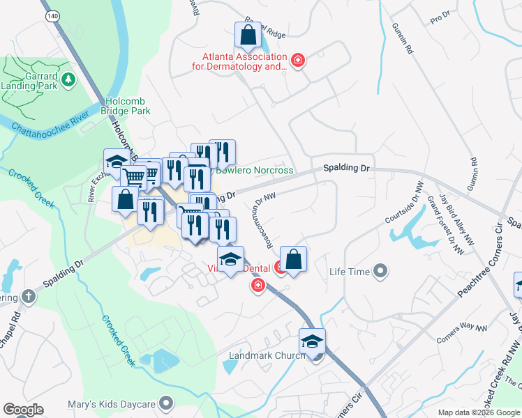 map of restaurants, bars, coffee shops, grocery stores, and more near 6276 Rosecommon Drive Northwest in Norcross