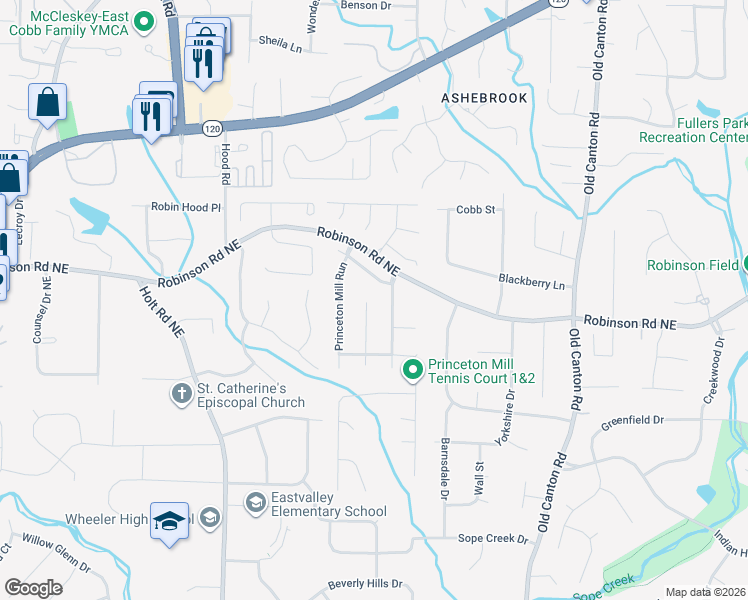 map of restaurants, bars, coffee shops, grocery stores, and more near 737 Scottish Mill Run in Marietta