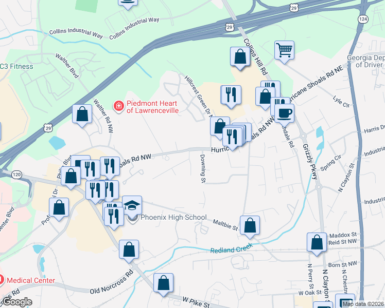 map of restaurants, bars, coffee shops, grocery stores, and more near 587 Whitehall Lane in Lawrenceville
