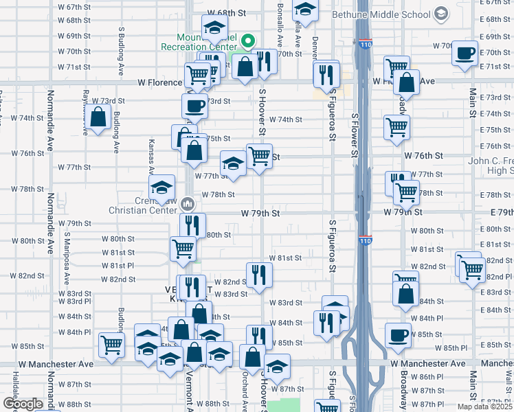 map of restaurants, bars, coffee shops, grocery stores, and more near 7819 South Hoover Street in Los Angeles