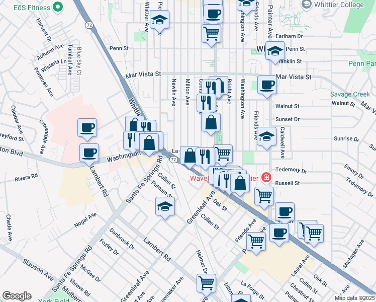 map of restaurants, bars, coffee shops, grocery stores, and more near La Cuarta Street & Milton Avenue in Whittier