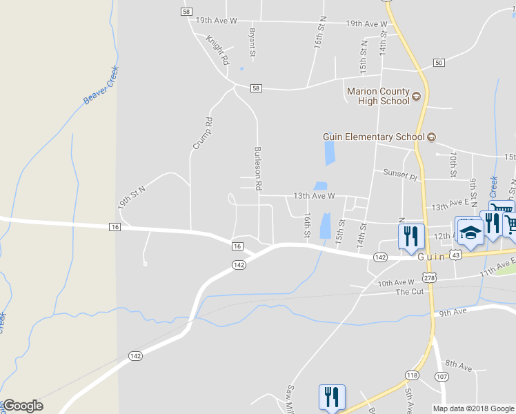 map of restaurants, bars, coffee shops, grocery stores, and more near 277 Burleson Road in Guin