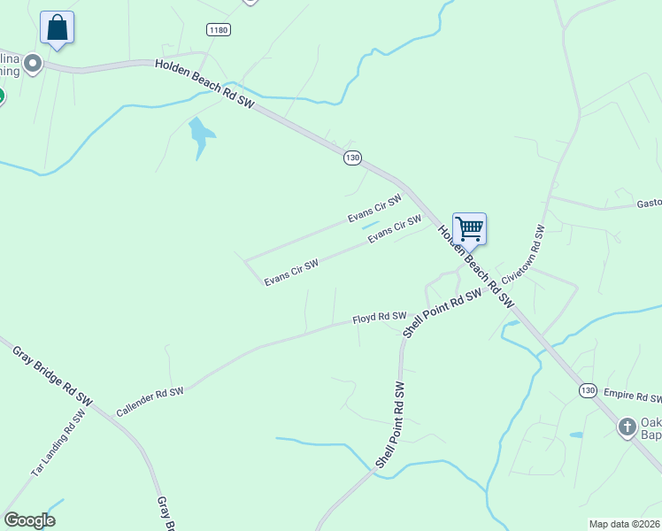 map of restaurants, bars, coffee shops, grocery stores, and more near 2260 Magdalene Drive Southwest in Shallotte