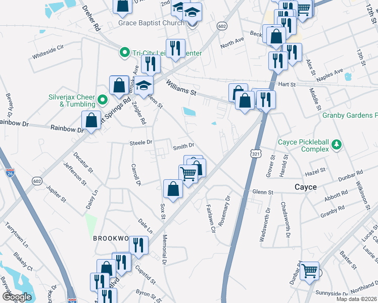map of restaurants, bars, coffee shops, grocery stores, and more near 1105 Sox Street in West Columbia