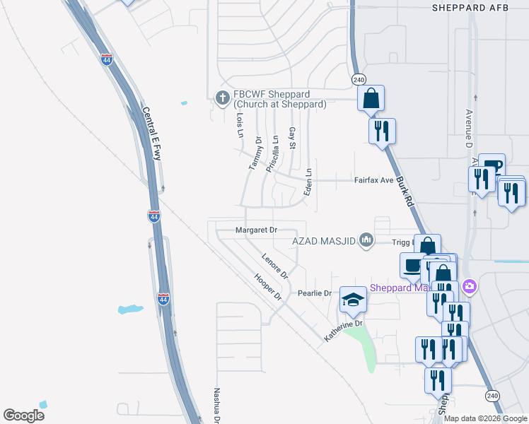 map of restaurants, bars, coffee shops, grocery stores, and more near 1914 Margaret Drive in Wichita Falls