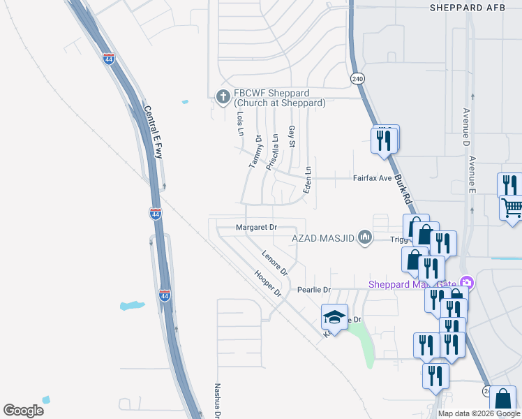 map of restaurants, bars, coffee shops, grocery stores, and more near 1914 Margaret Drive in Wichita Falls