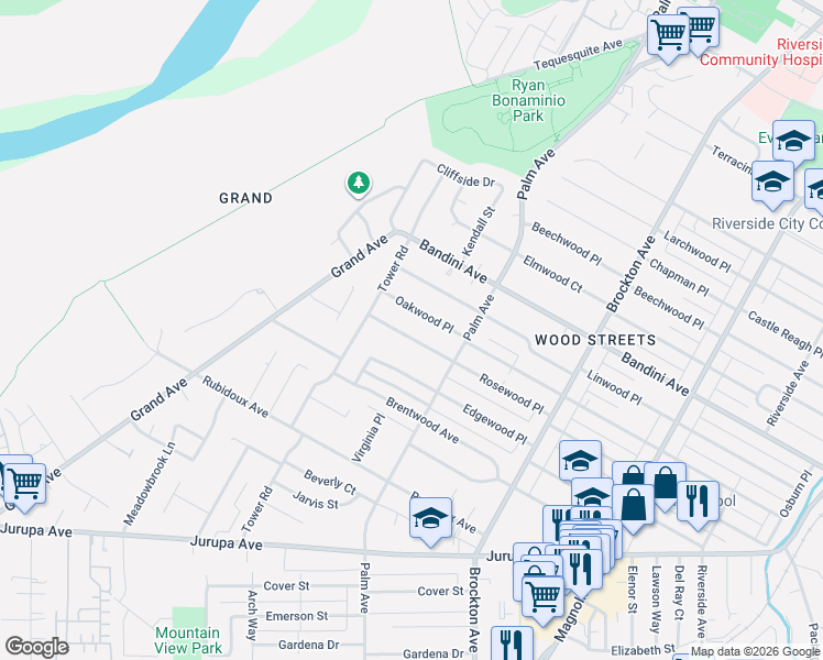 map of restaurants, bars, coffee shops, grocery stores, and more near 4685 Rosewood Place in Riverside