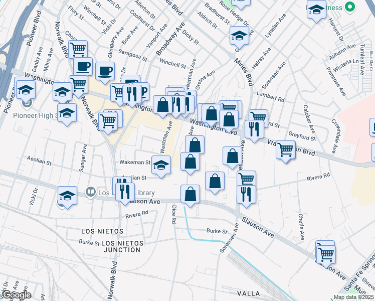 map of restaurants, bars, coffee shops, grocery stores, and more near 8207 Allport Ave in Santa Fe Springs