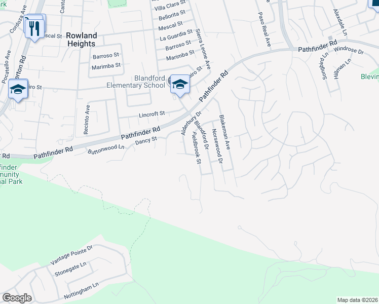 map of restaurants, bars, coffee shops, grocery stores, and more near 18593 Fieldbrook Street in Rowland Heights