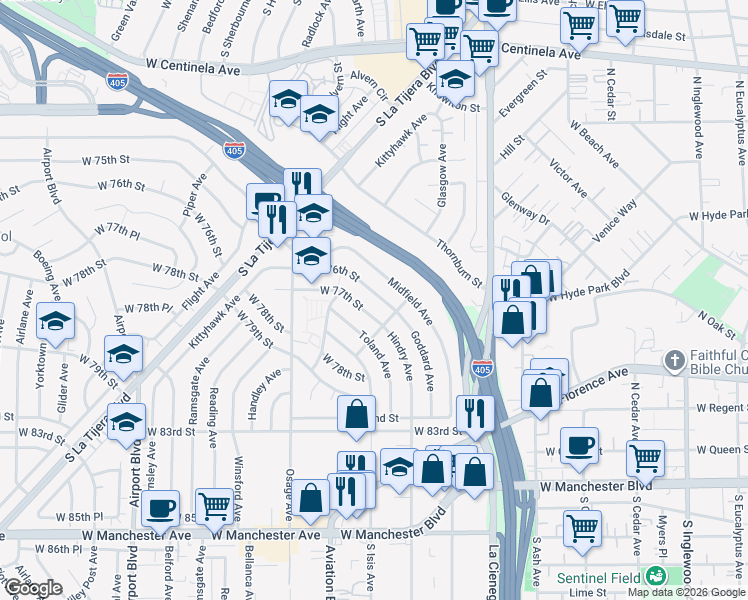map of restaurants, bars, coffee shops, grocery stores, and more near 5418 West 77th Street in Los Angeles