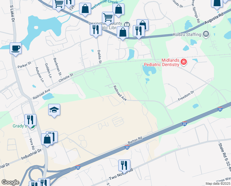 map of restaurants, bars, coffee shops, grocery stores, and more near 346 Railroad Avenue in Lexington