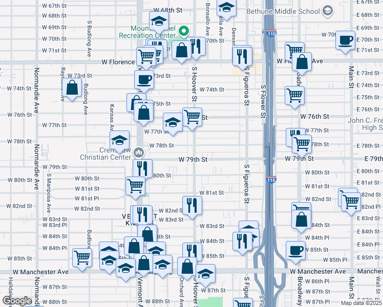 map of restaurants, bars, coffee shops, grocery stores, and more near 7819 South Hoover Street in Los Angeles