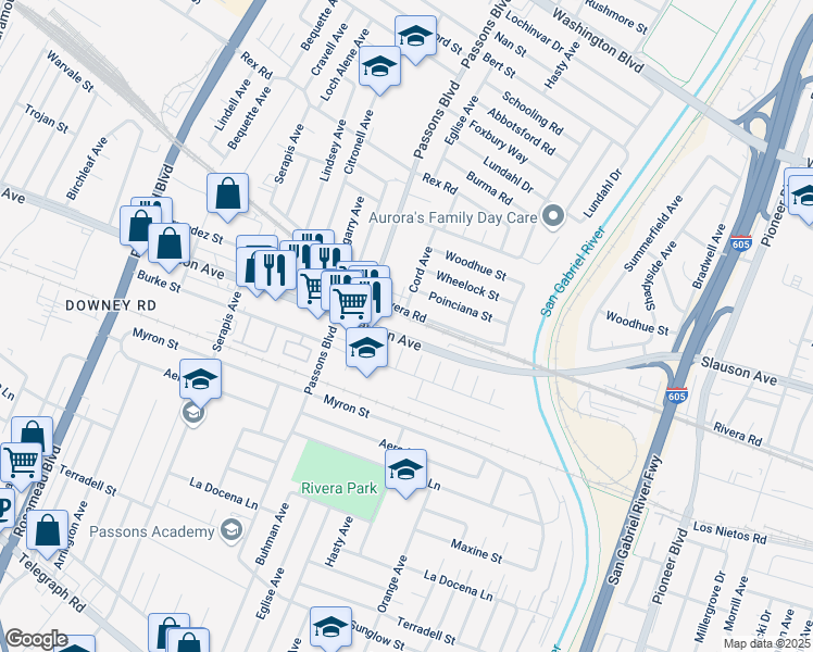 map of restaurants, bars, coffee shops, grocery stores, and more near 7811 Cord Avenue in Pico Rivera