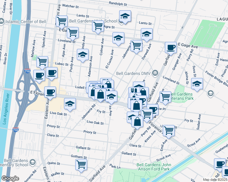 map of restaurants, bars, coffee shops, grocery stores, and more near 6857 Ira Avenue in Bell Gardens