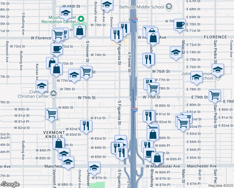 map of restaurants, bars, coffee shops, grocery stores, and more near 7817 South Figueroa Street in Los Angeles