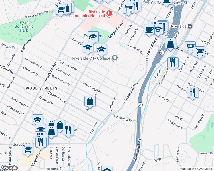 map of restaurants, bars, coffee shops, grocery stores, and more near 3565 Castle Reagh Place in Riverside