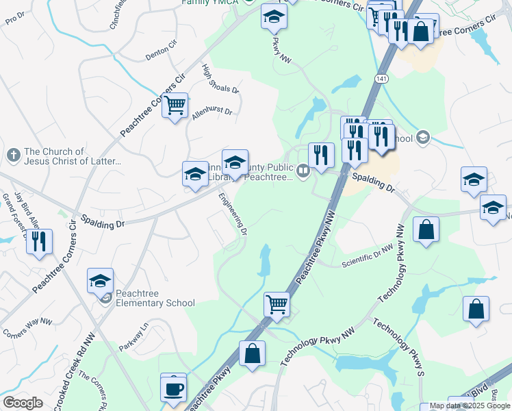 map of restaurants, bars, coffee shops, grocery stores, and more near 2 Sun Court Northwest in Norcross