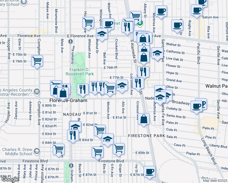 map of restaurants, bars, coffee shops, grocery stores, and more near 7811 Crockett Boulevard in Los Angeles
