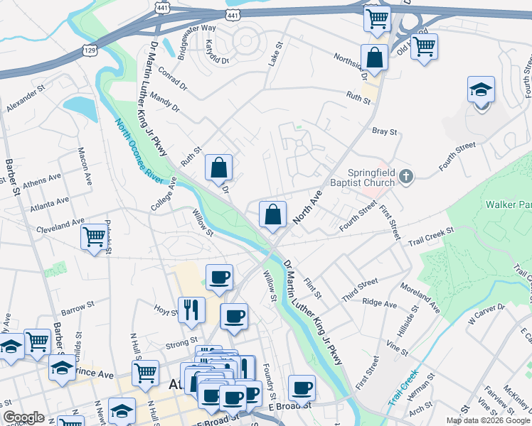 map of restaurants, bars, coffee shops, grocery stores, and more near 225 Madison Heights in Athens