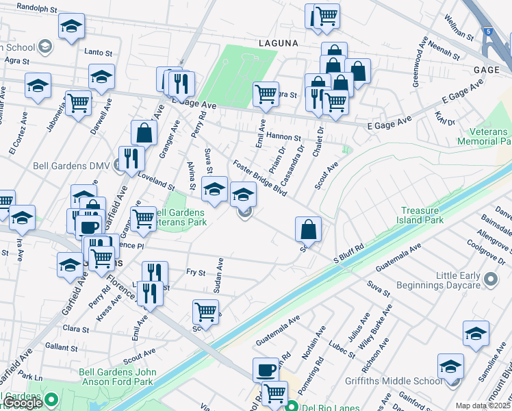 map of restaurants, bars, coffee shops, grocery stores, and more near 6713 Charner Street in Bell Gardens