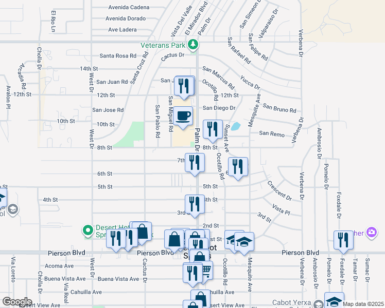 map of restaurants, bars, coffee shops, grocery stores, and more near 11083 Palm Drive in Desert Hot Springs