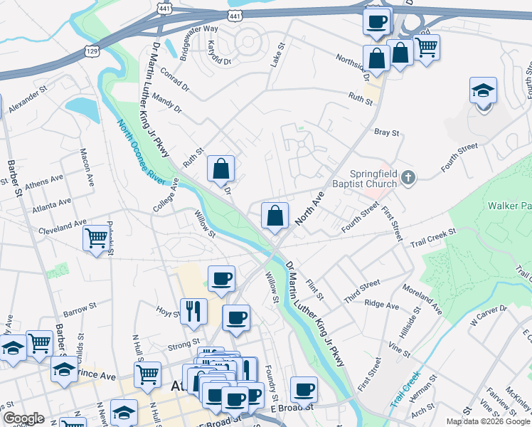 map of restaurants, bars, coffee shops, grocery stores, and more near 162 Strickland Avenue in Athens