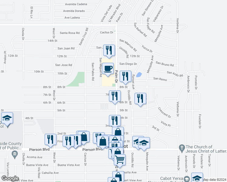 map of restaurants, bars, coffee shops, grocery stores, and more near 11083 Palm Drive in Desert Hot Springs
