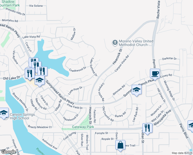 map of restaurants, bars, coffee shops, grocery stores, and more near 24021 Blue Ridge Place in Moreno Valley