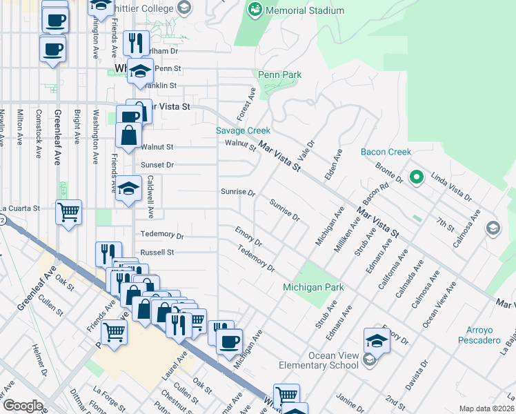 map of restaurants, bars, coffee shops, grocery stores, and more near 7948 Euclid Avenue in Whittier