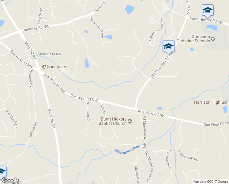 map of restaurants, bars, coffee shops, grocery stores, and more near 5080 Due West Road Northwest in Powder Springs