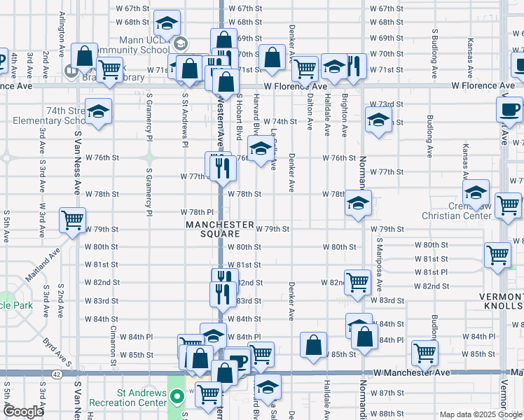 map of restaurants, bars, coffee shops, grocery stores, and more near 7826 Harvard Boulevard in Los Angeles