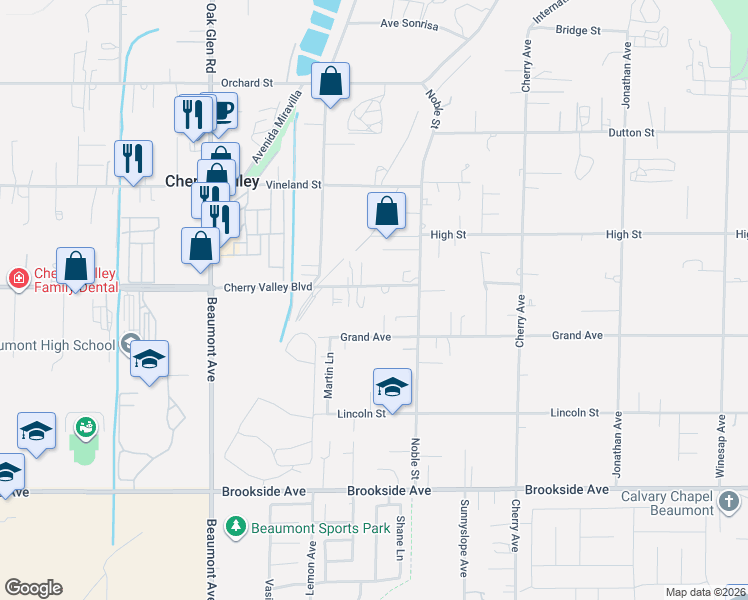 map of restaurants, bars, coffee shops, grocery stores, and more near 39671 Cherry Valley Boulevard in Cherry Valley