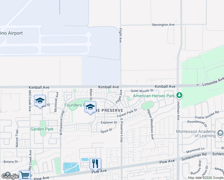 map of restaurants, bars, coffee shops, grocery stores, and more near 8410 Edgewood Street in Chino