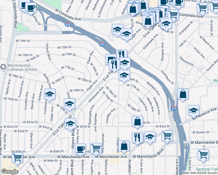 map of restaurants, bars, coffee shops, grocery stores, and more near 5657 West 78th Street in Los Angeles