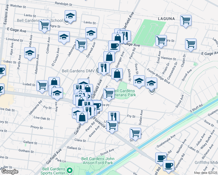 map of restaurants, bars, coffee shops, grocery stores, and more near 7000 Granger Avenue in Bell Gardens