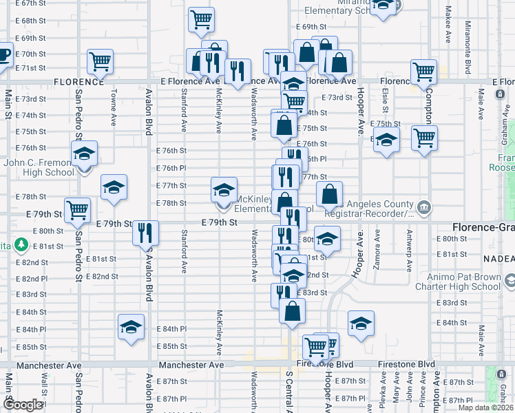 map of restaurants, bars, coffee shops, grocery stores, and more near 902 East 78th Street in Los Angeles