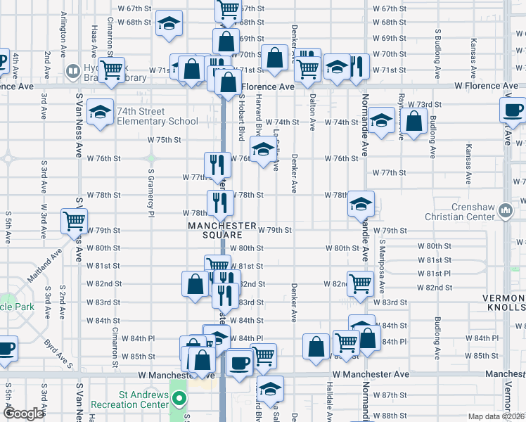 map of restaurants, bars, coffee shops, grocery stores, and more near 7826 Harvard Boulevard in Los Angeles