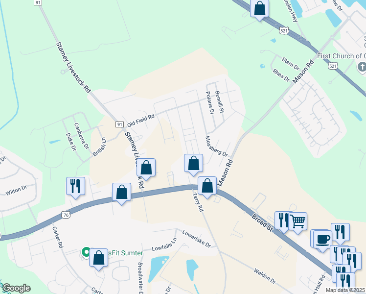 map of restaurants, bars, coffee shops, grocery stores, and more near 1666 Ruger Drive in Sumter