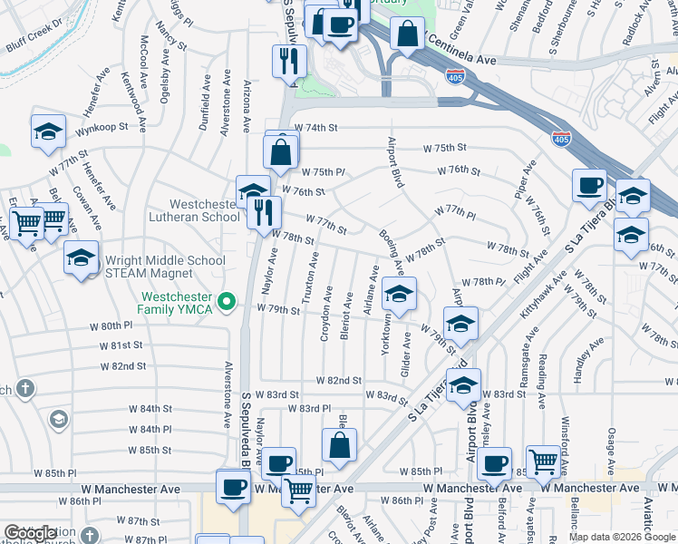 map of restaurants, bars, coffee shops, grocery stores, and more near 7832 Croydon Avenue in Los Angeles