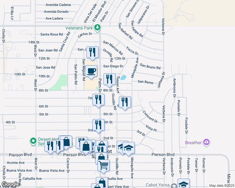 map of restaurants, bars, coffee shops, grocery stores, and more near 66648 8th Street in Desert Hot Springs