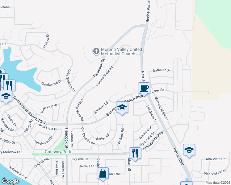 map of restaurants, bars, coffee shops, grocery stores, and more near 24434 Rimview Road in Moreno Valley