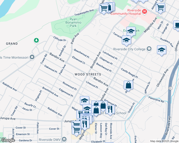 map of restaurants, bars, coffee shops, grocery stores, and more near 5291 Brockton Avenue in Riverside