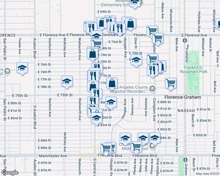 map of restaurants, bars, coffee shops, grocery stores, and more near 1209 East 77th Place in Los Angeles