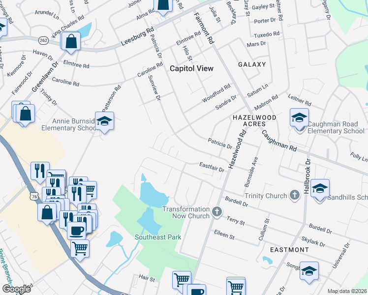 map of restaurants, bars, coffee shops, grocery stores, and more near 7419 Patricia Drive in Columbia